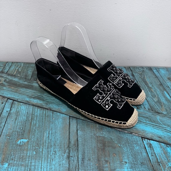 Tory Burch Embellished Espadrille Suede Jewel Perfect Black/Diamond Size 10.5 - Picture 2 of 16